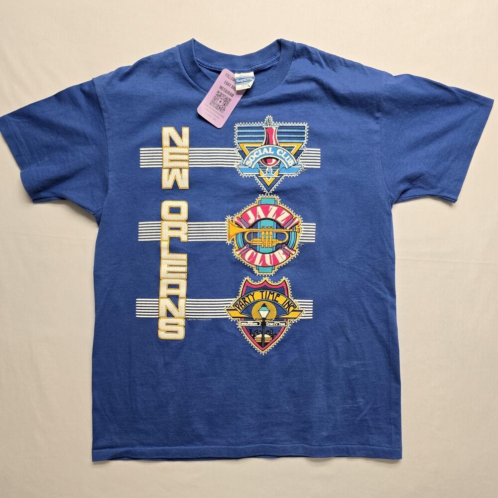 Vintage New Orleans Shirt Mens Large Blue Graphic Jazz Club Bourbon Street 80s